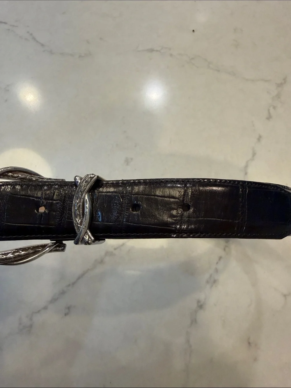 Brighton Womens Belt Black Croc Embossed Leather w Silver Barb Wire Buckle  L 34